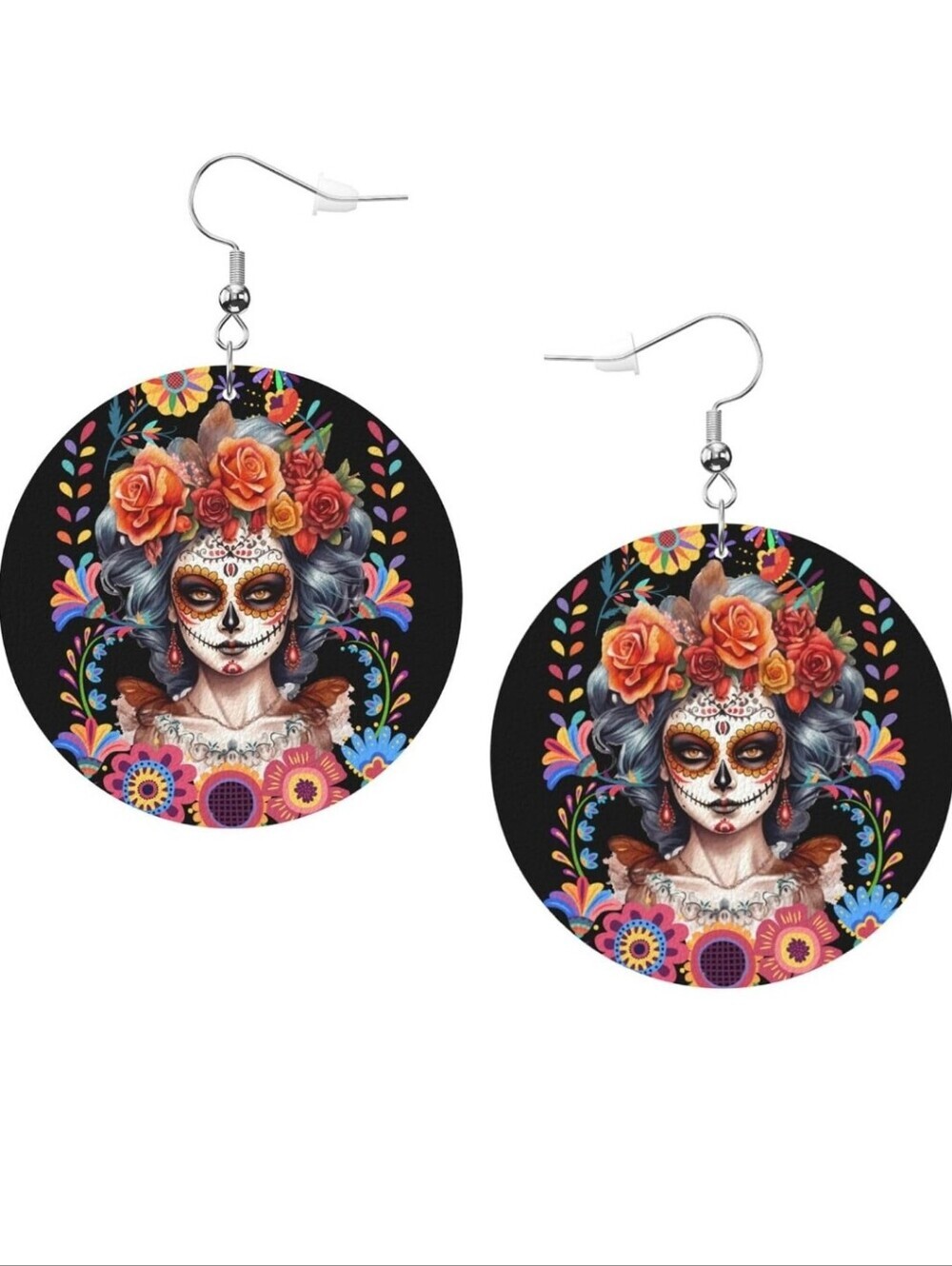 Day of the Dead Floral Skull Round Dangle Earrings - Black & Orange